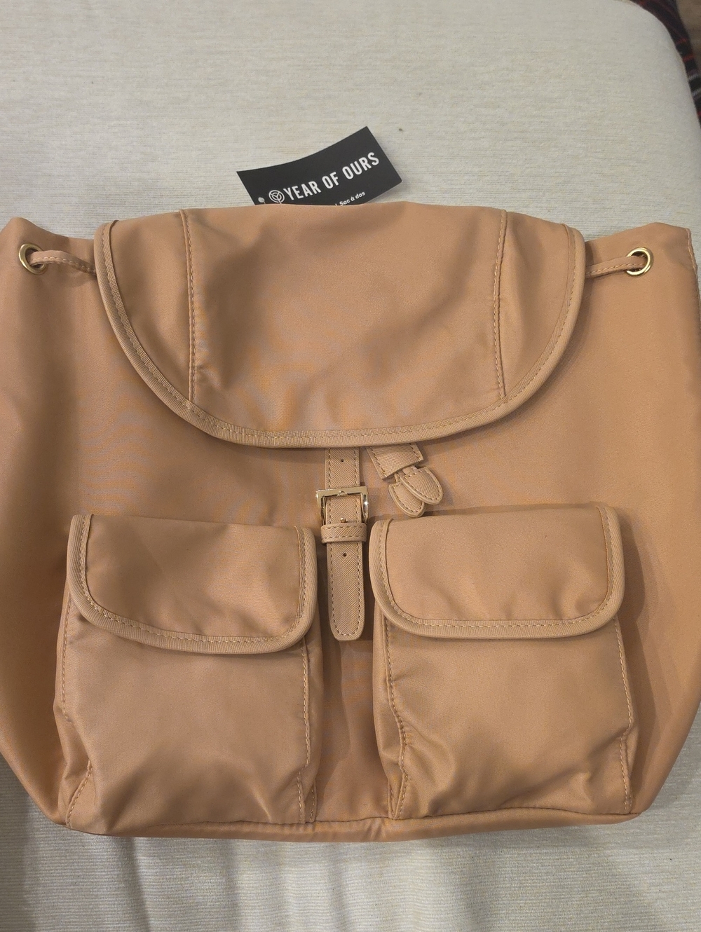Year of Ours Caramel Drawstring Backpack Tote with Front Pockets